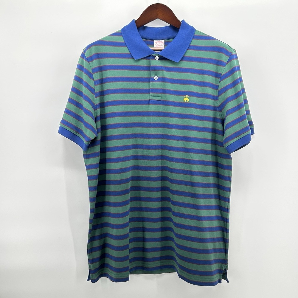 Brooks Brothers 1818 Performance Polo Mens XL Blue Green Stripe Golf Shirt Gold
